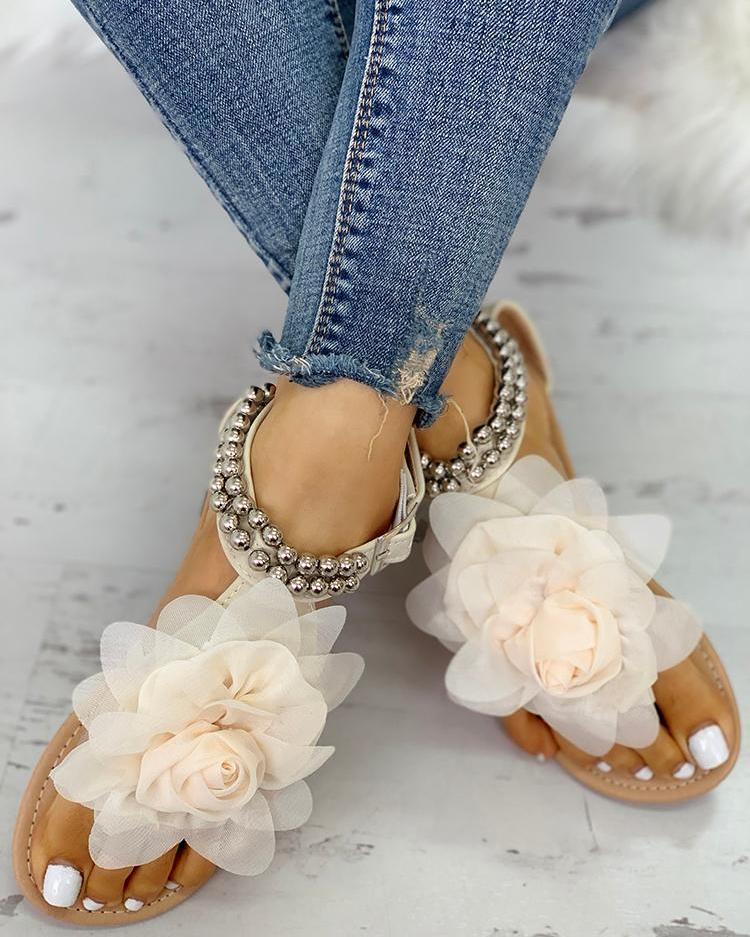 Sandales Flora Élégance – Perles & Fleurs 3D