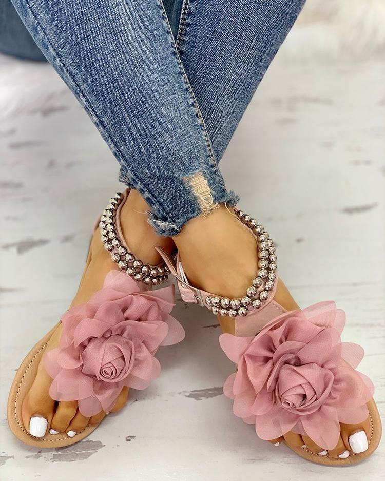 Sandales Flora Élégance – Perles & Fleurs 3D