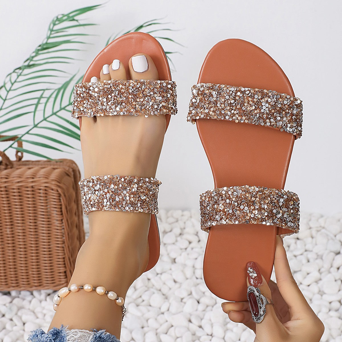Sandales Déesse – Double Bride Strass & Confort Été